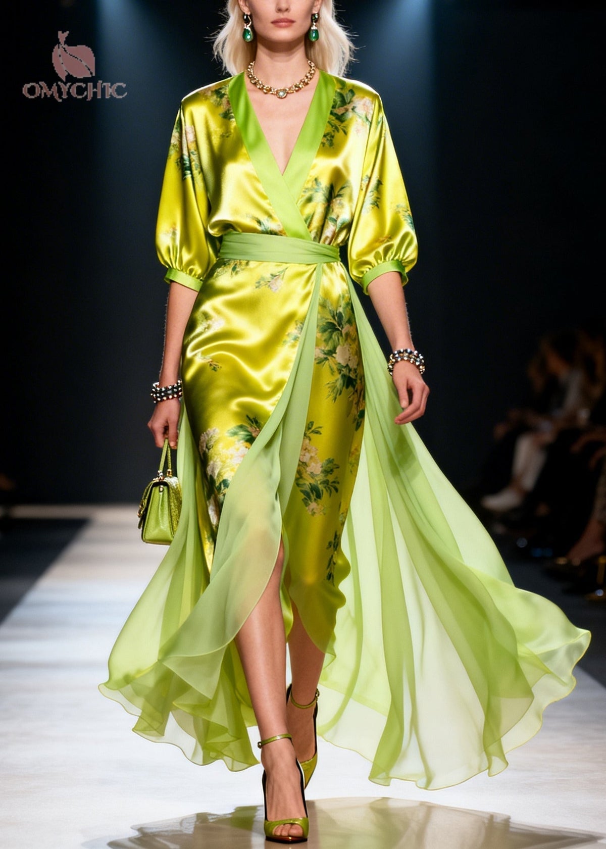 Floral Print Deep V-Neck Three Quarter Sleeve Wrap Maxi Dress
