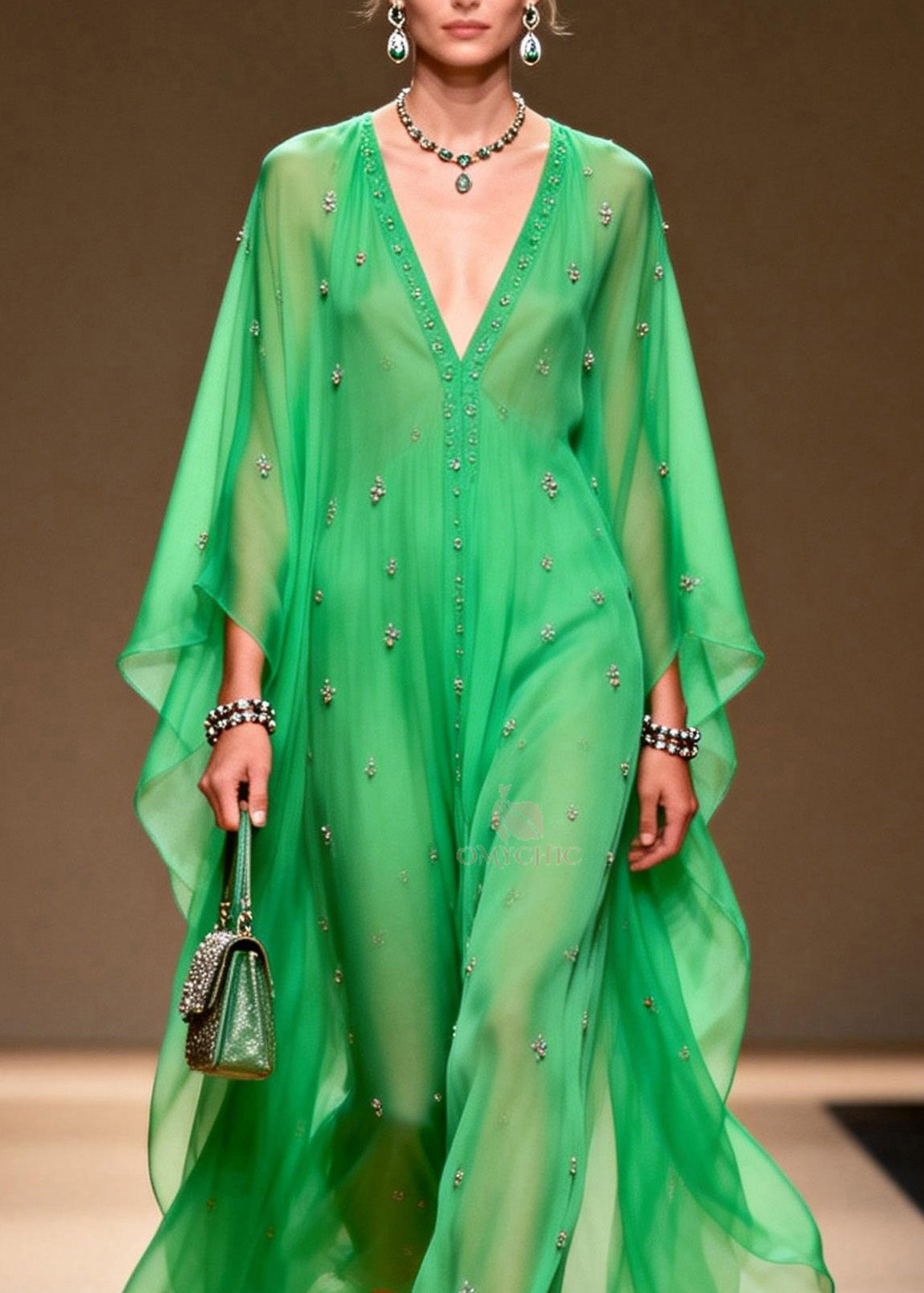Rhinestone Scatter Deep V-Neck Button Front Sheer Maxi Gown - View 2