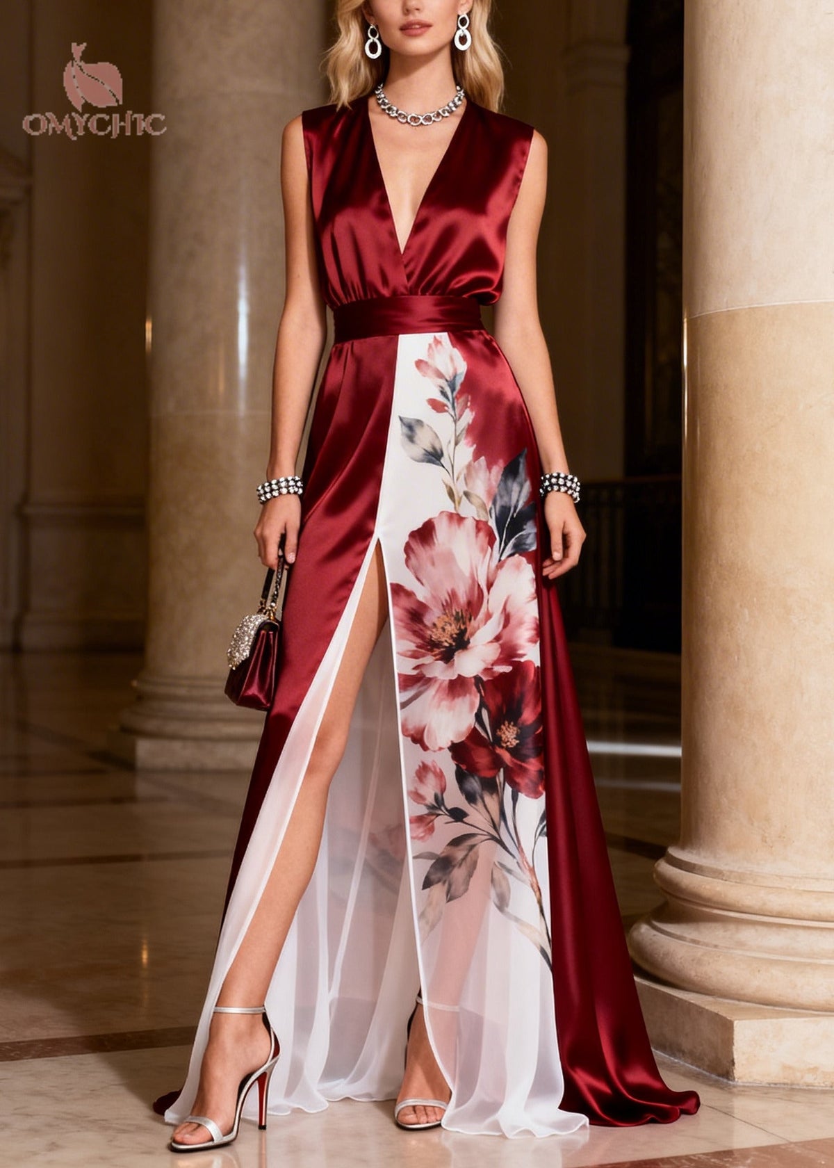 Floral Panel Deep V-Neck Sleeveless Belted High Split Satin Maxi Gown - View 5
