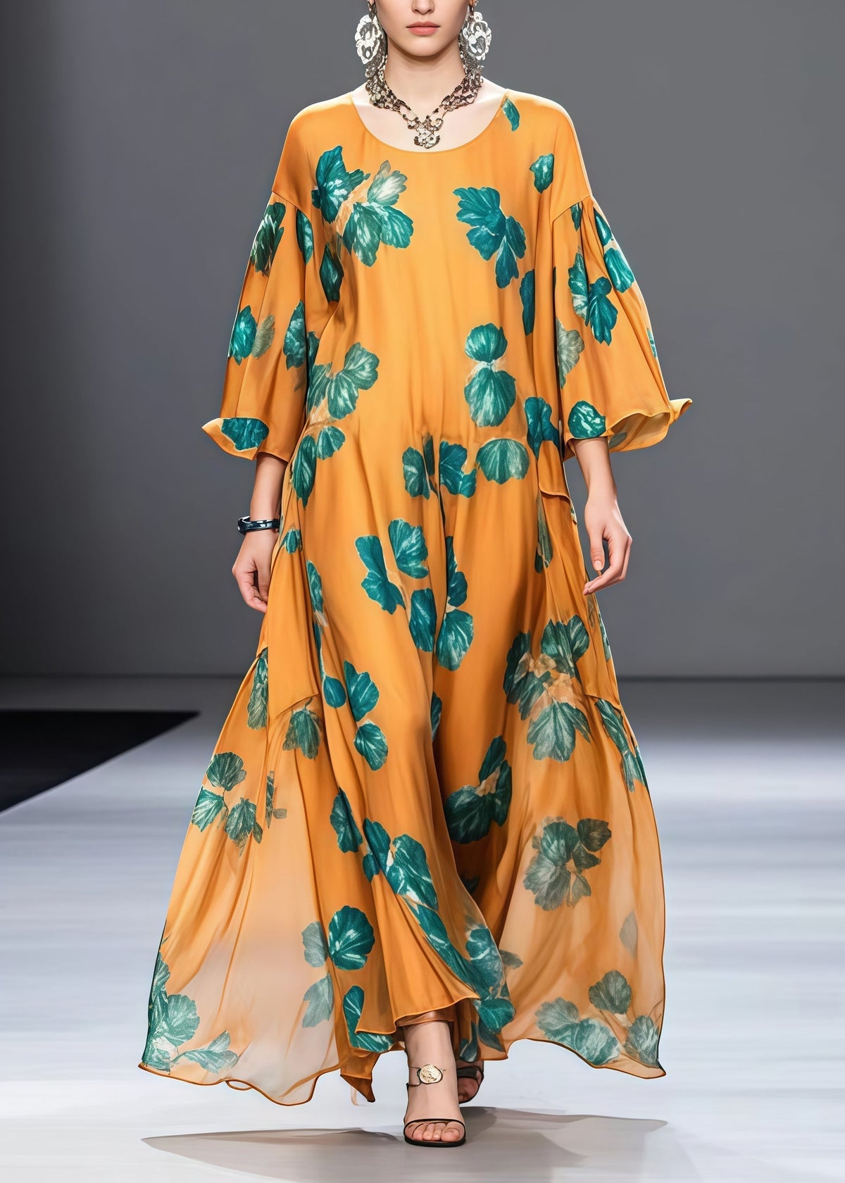 Modern Orange Oversized Print Chiffon Maxi Dresses Summer - View 3