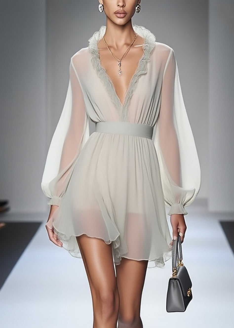 Modern Ruffled Patchwork Solid Chiffon Mid Dress Lantern Sleeve - View 3