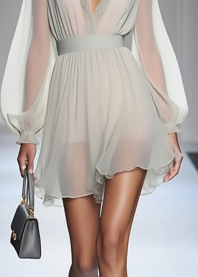 Modern Ruffled Patchwork Solid Chiffon Mid Dress Lantern Sleeve - View 4