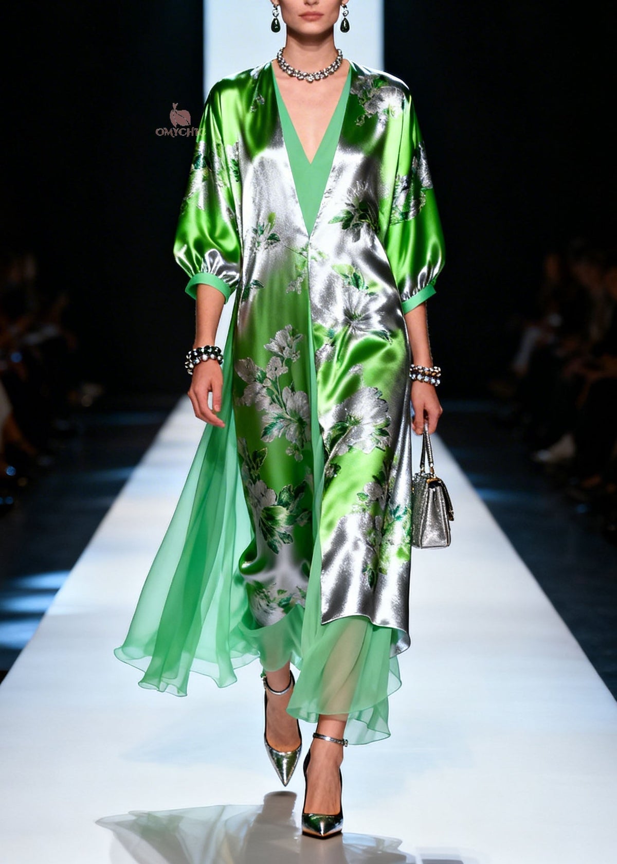 Floral Print Deep V-Neck 3/4 Sleeve Tiered Sheer Overlay Maxi Gown - View 5
