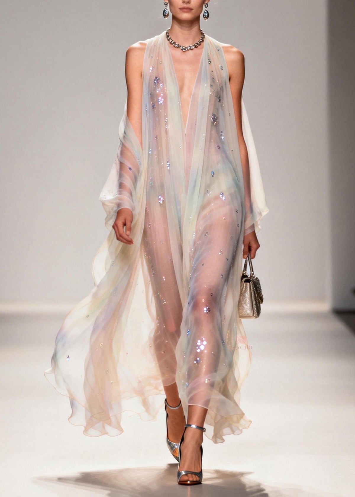 Sequin Scatter Deep V-Neck Sleeveless Cape Panel Sheer Maxi Gown - View 3