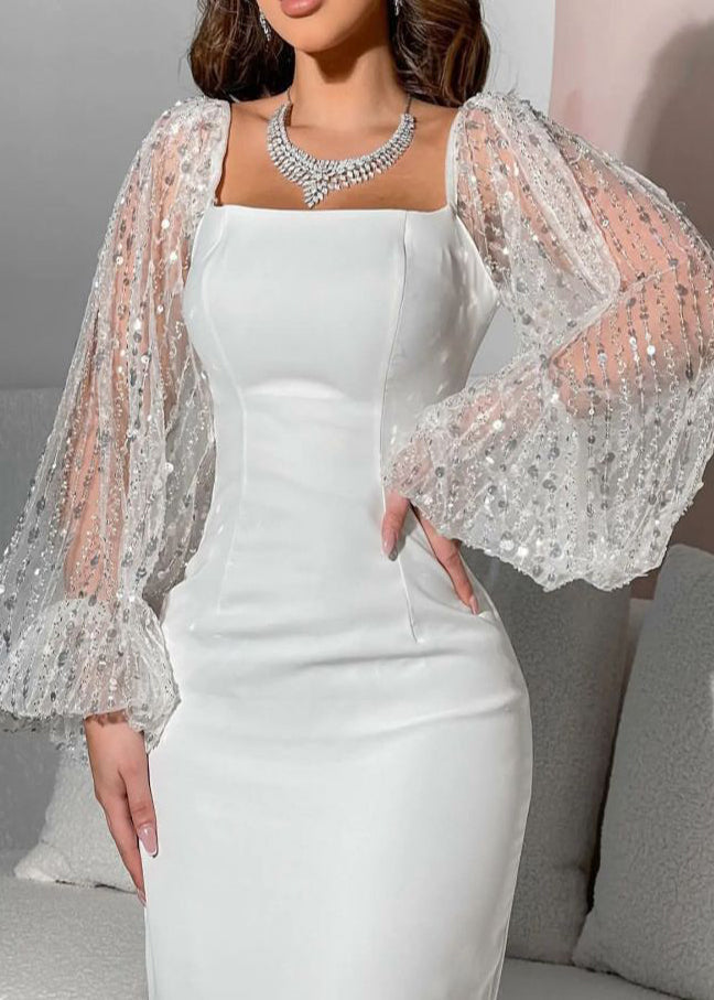 Lace Bishop Sleeve Square Neck Bodycon Midi Cocktail Dress - View 2