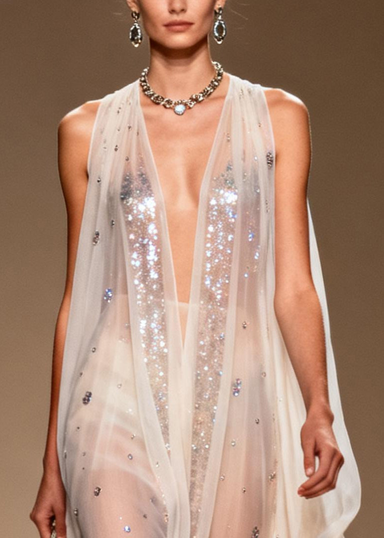 Sequin Scatter Deep V-Neck Sleeveless Sheer Chiffon Maxi Gown - View 2