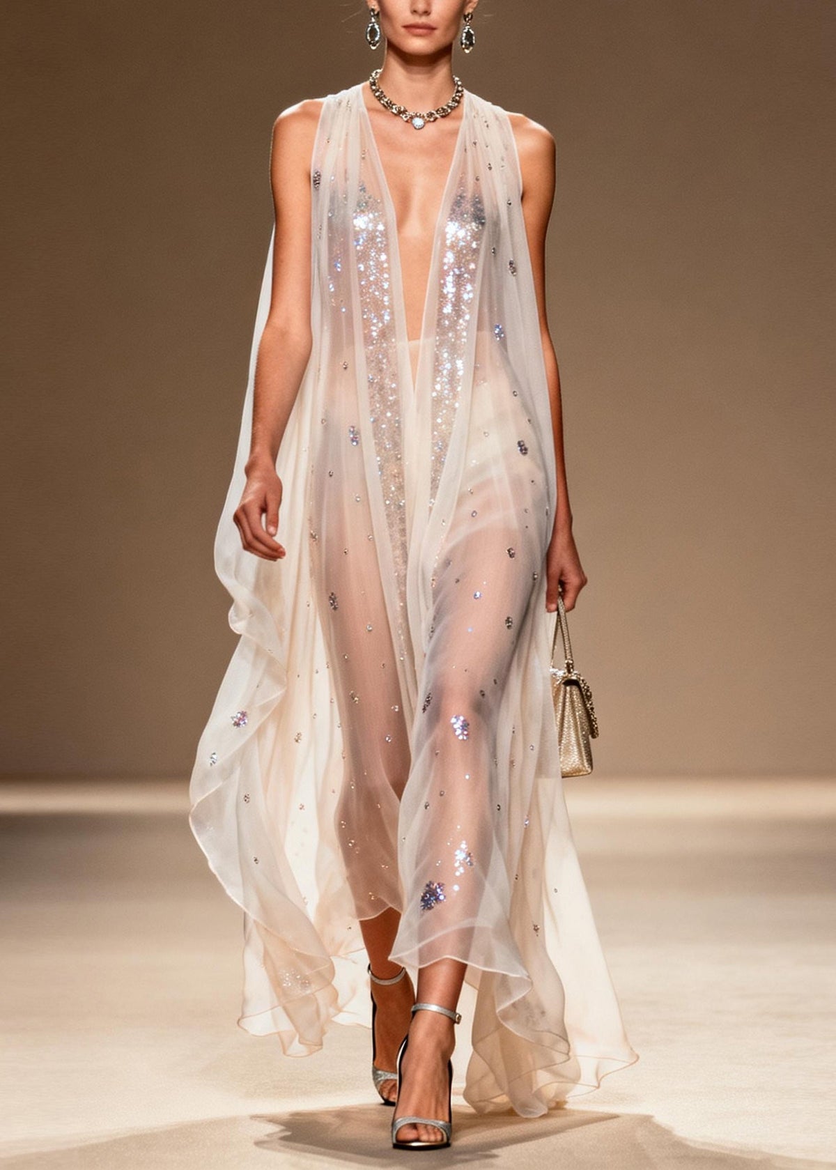 Sequin Scatter Deep V-Neck Sleeveless Sheer Chiffon Maxi Gown - View 3