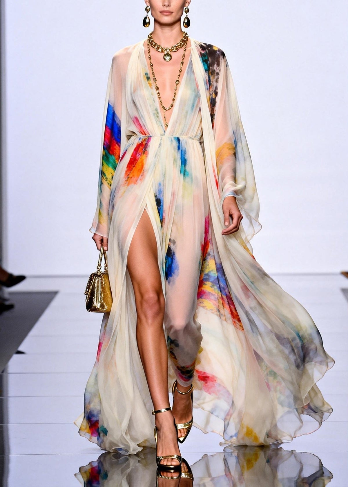 Chiffon Deep V-Neck Cape Sleeve High Split Sheer Maxi Gown - View 3