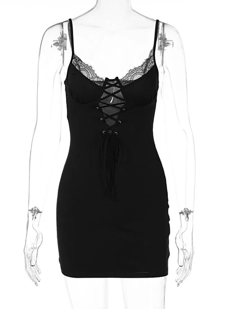 Black Lace Spaghetti Strap Backless Mini Dress Cut Out Dresses - View 6