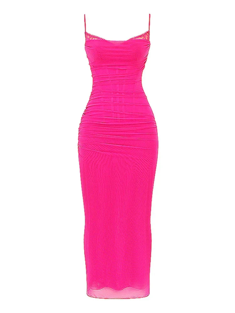 Elegant Spaghetti Strap Backless Mesh Maxi Dress - View 5