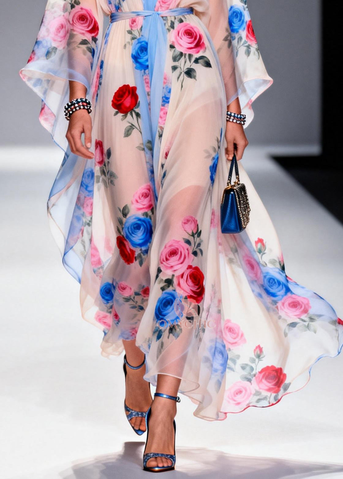 Multicolored Floral Print Chiffon Maxi Dress Tie Waist Summer - View 4