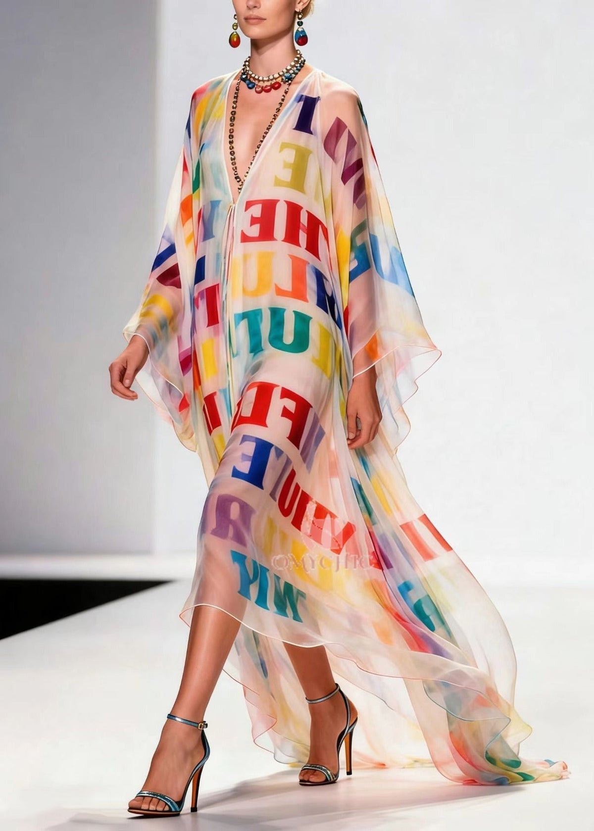 Alphabet Letter Print Deep V-Neck Batwing Sleeve Sheer Maxi Gown - View 3