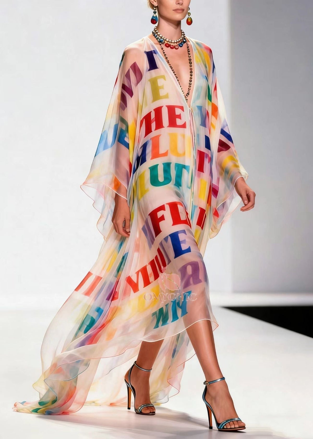 Alphabet Letter Print Deep V-Neck Batwing Sleeve Sheer Maxi Gown - View 5