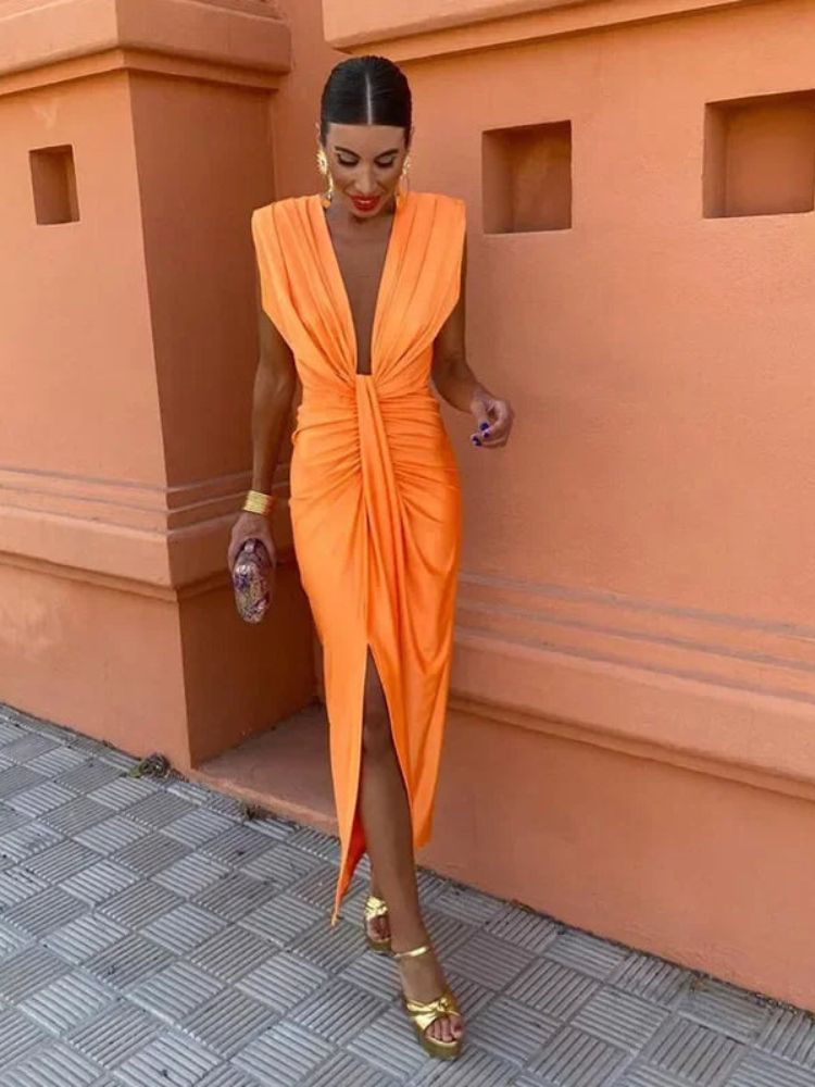 Deep V-Neck Sleeveless Ruched Waist Knot High Split Maxi Gown - View 3