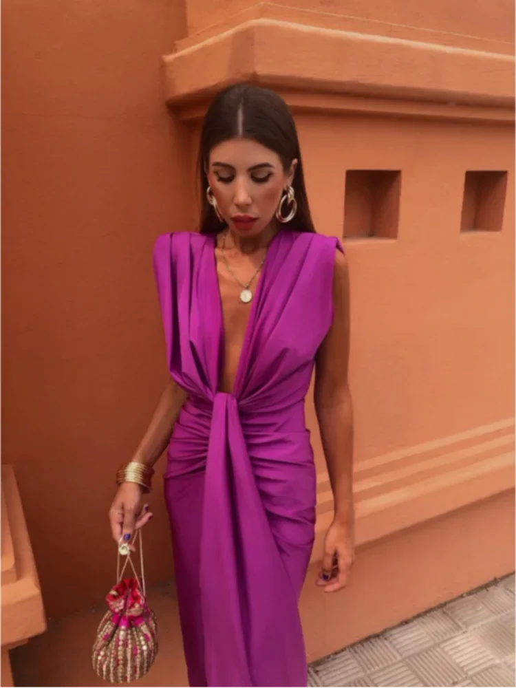 Deep V-Neck Sleeveless Ruched Waist Knot High Split Maxi Gown - View 4