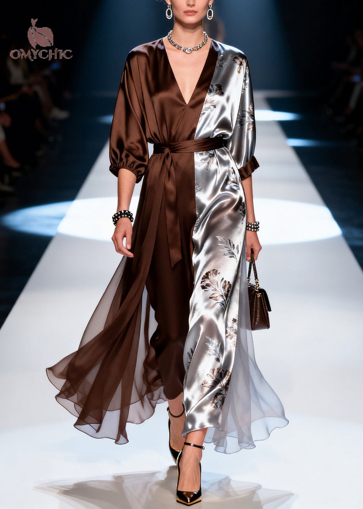 Floral Print Deep V-Neck Puff Sleeve Tie Belt Chiffon Maxi Dress