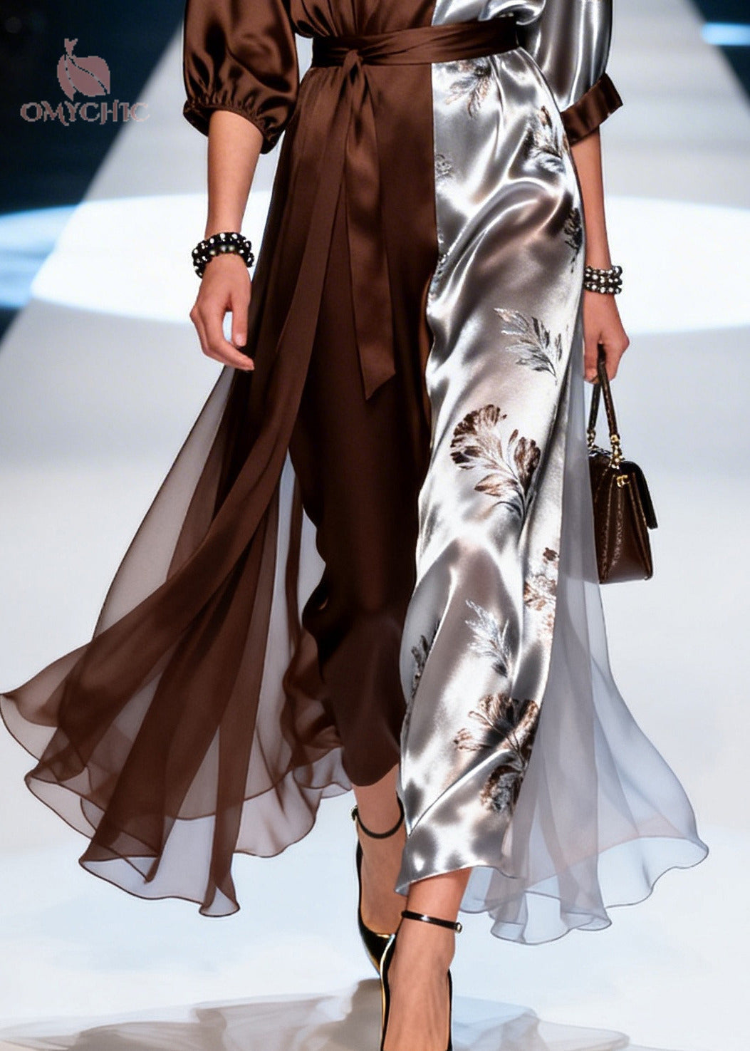 Floral Print Deep V-Neck Puff Sleeve Tie Belt Chiffon Maxi Dress - View 4