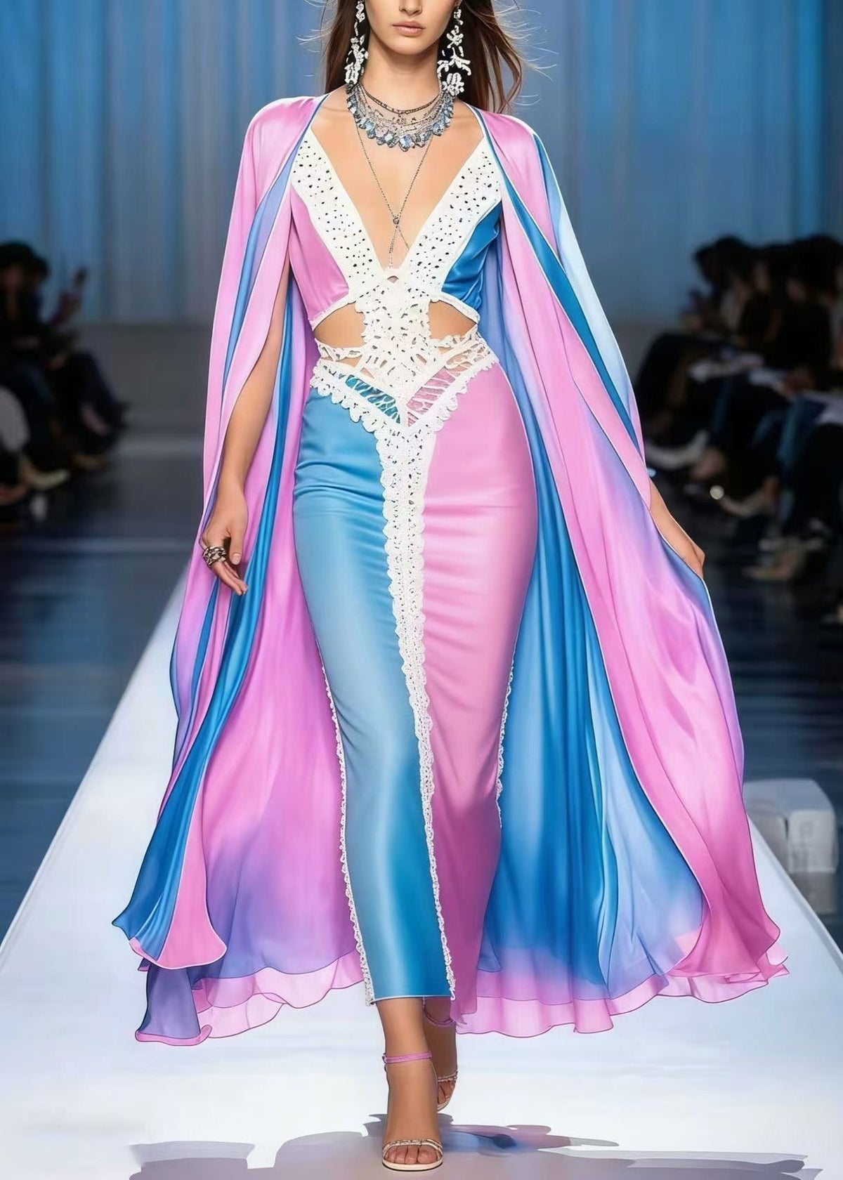 Deep V-Neck Cut Out Chiffon Lace Trim Waist Cape Panel Maxi Gown - View 3