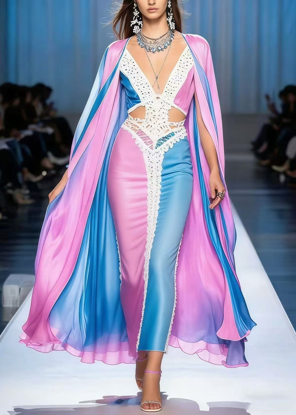 Deep V-Neck Cut Out Chiffon Lace Trim Waist Cape Panel Maxi Gown - View 5