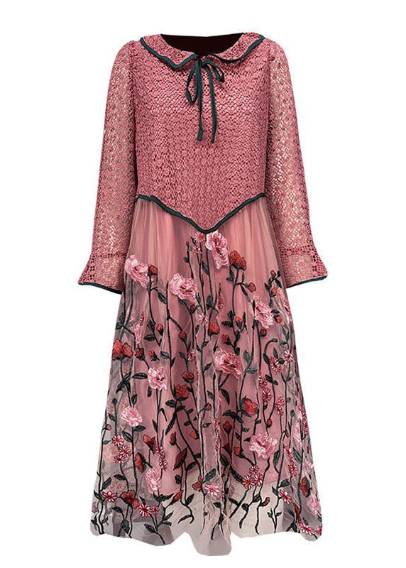 Lace Keyhole Bow Neck Bell Sleeve Embroidered Tulle Midi Dress - View 5