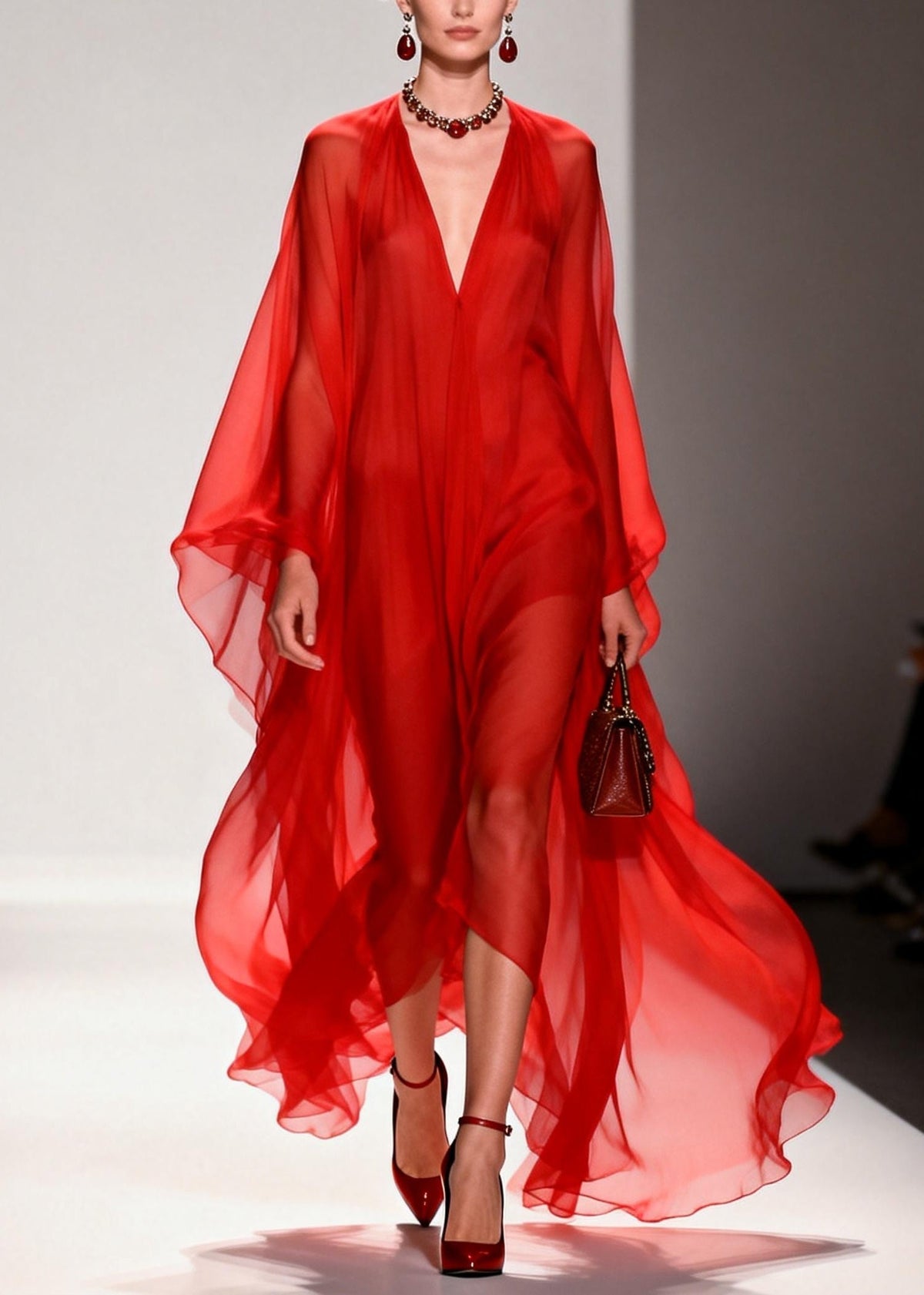 Chiffon Deep V-Neck Billowing Cape Sleeve Sheer Kaftan Maxi Gown - View 5