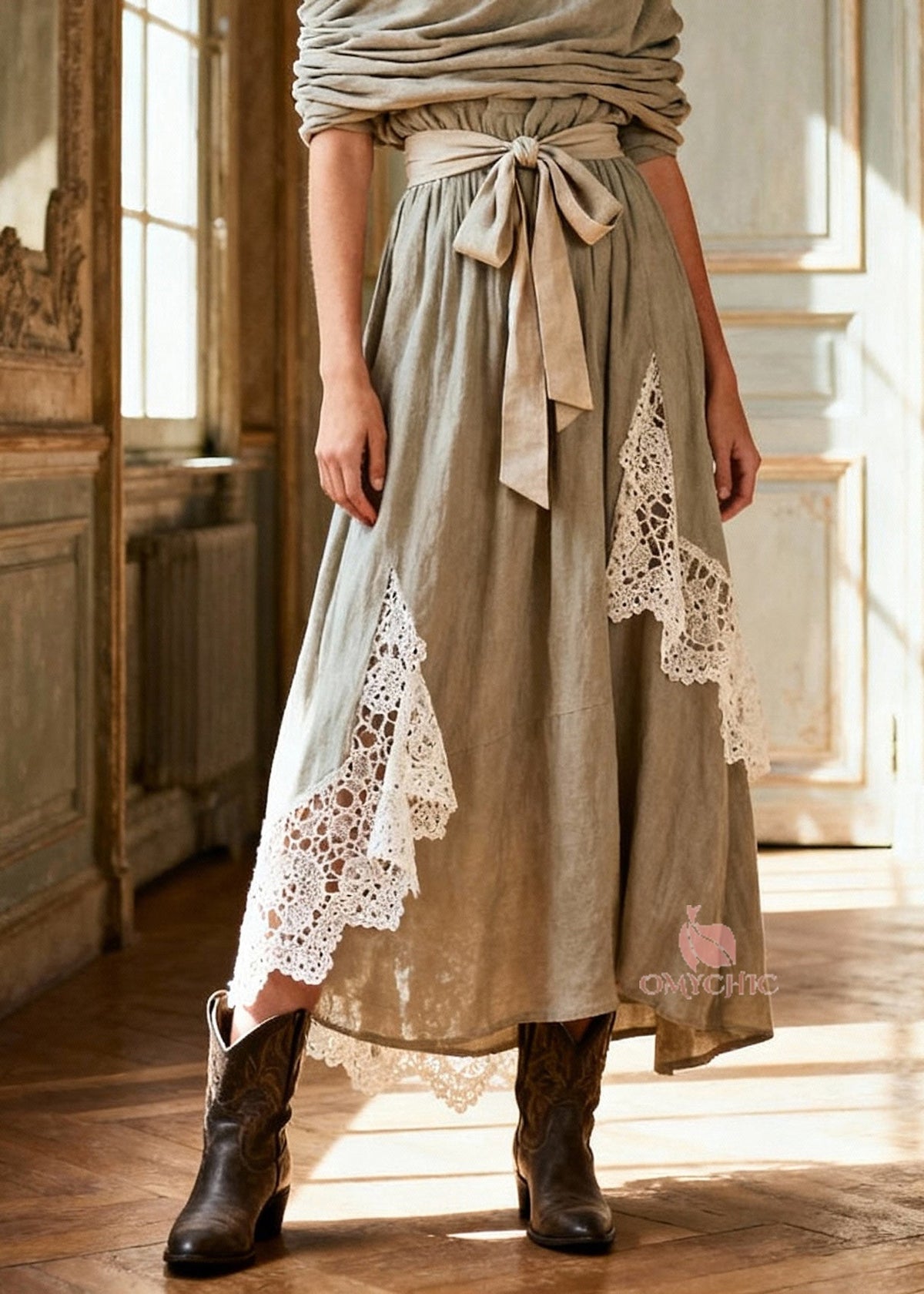 One Shoulder Draped Tie Waist Lace Panel Insert Linen Maxi Dress - View 4