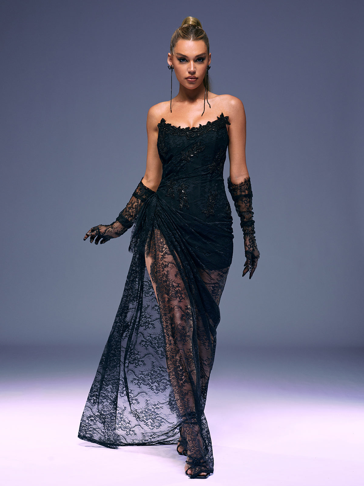 Nazia Strapless Lace Maxi Dress With Gloves - View 3