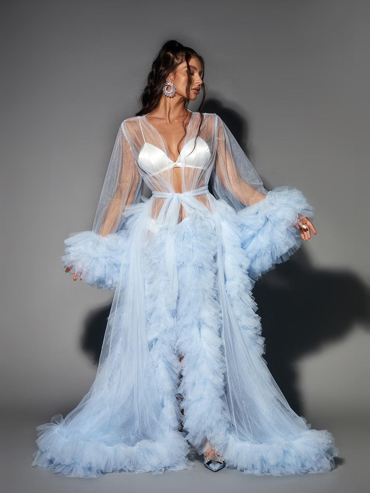 Nebula Long Sleeve Tulle Maxi Dress In Sky - View 2