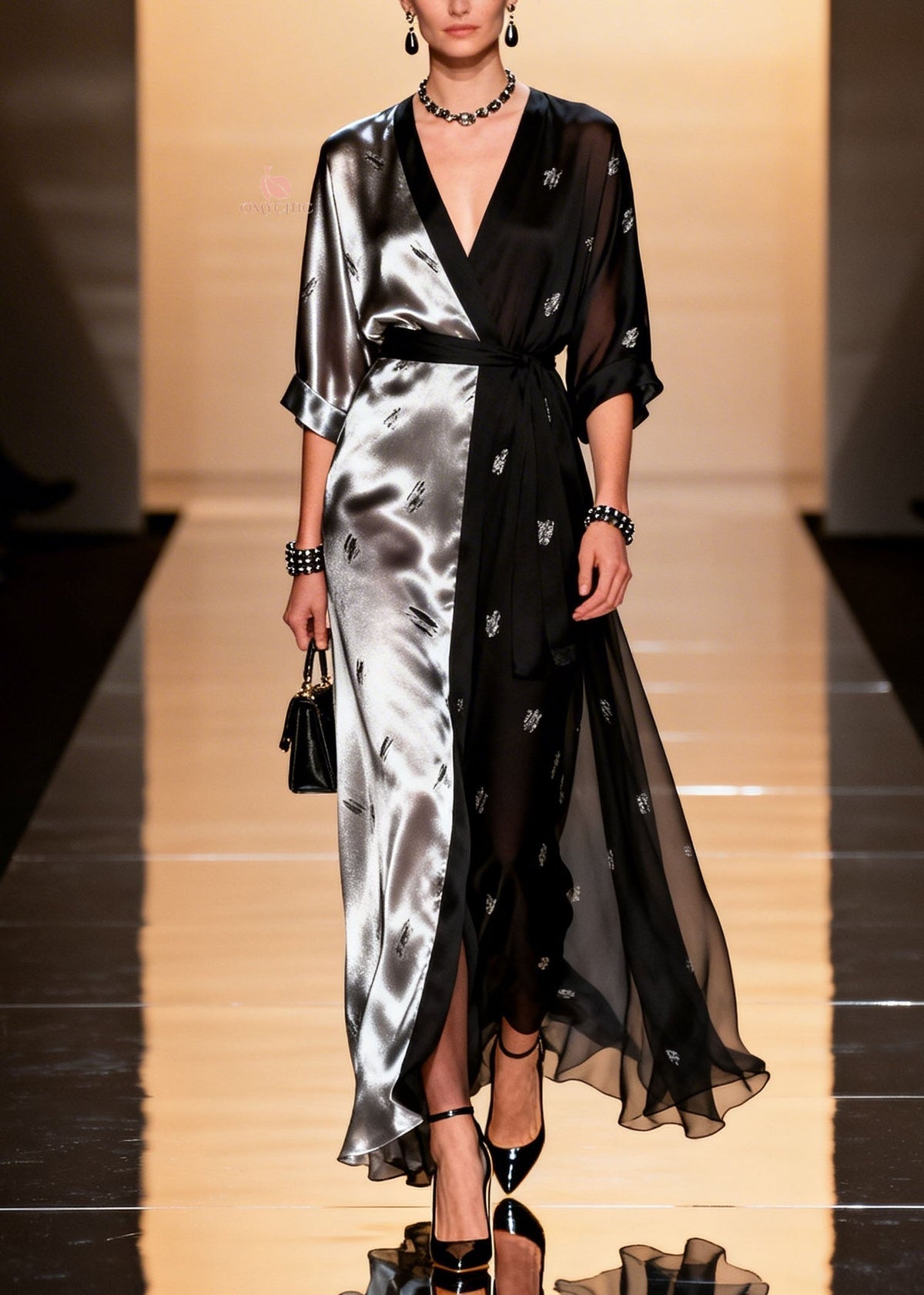Deep V-Neck Wrap Sleeve Beetle Print Split Sheer Panel Maxi Gown