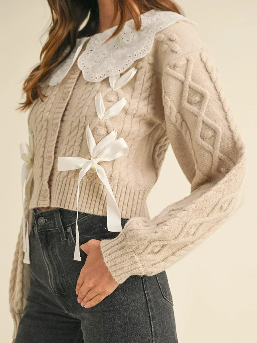 Doll Collar Tie-Up Long Sleeve Knit Cardigan