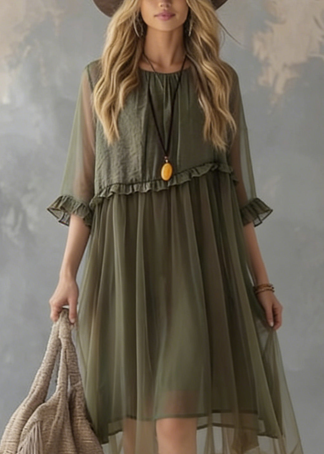 New Green Ruffled Tulle Patchwork Chiffon Dresses Summer - View 2
