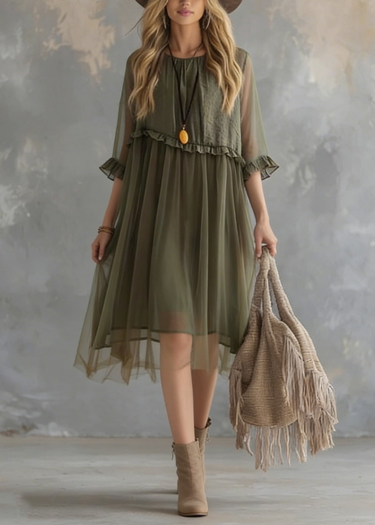 New Green Ruffled Tulle Patchwork Chiffon Dresses Summer - View 3