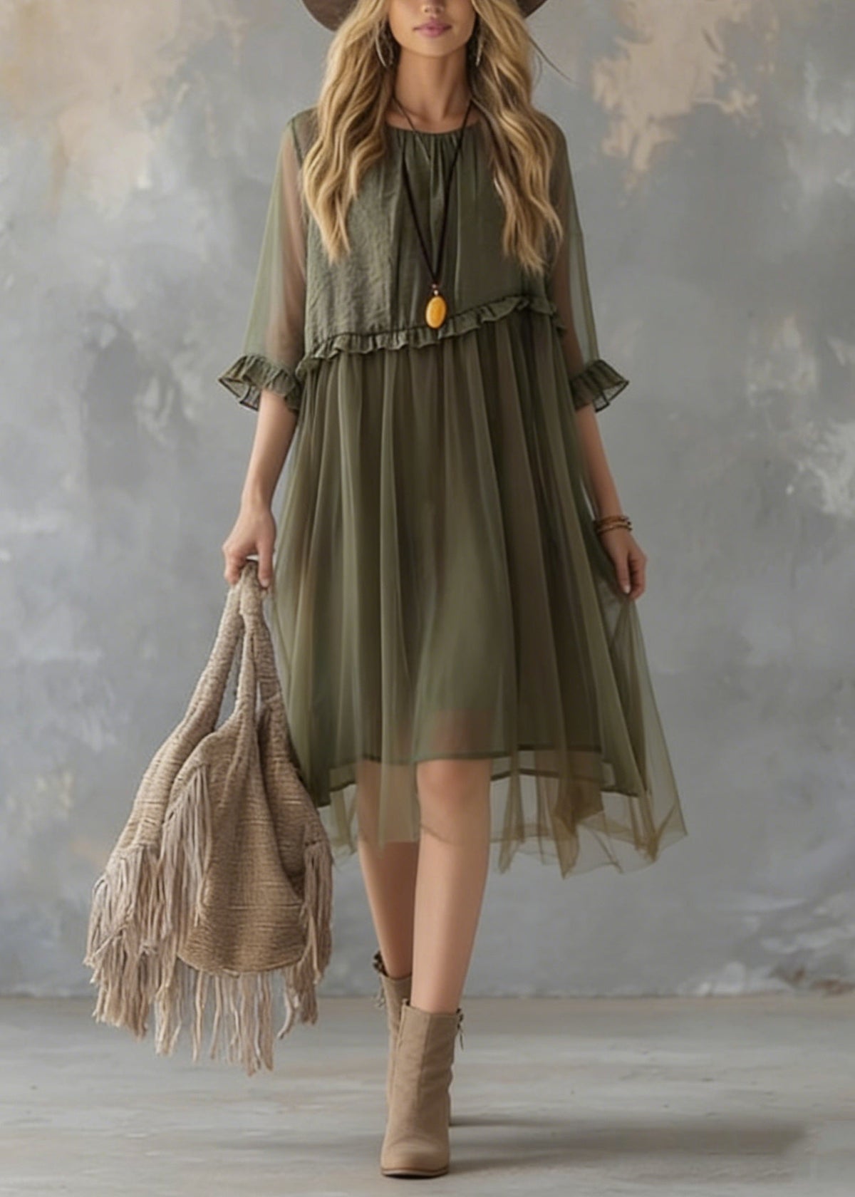 New Green Ruffled Tulle Patchwork Chiffon Dresses Summer - View 5