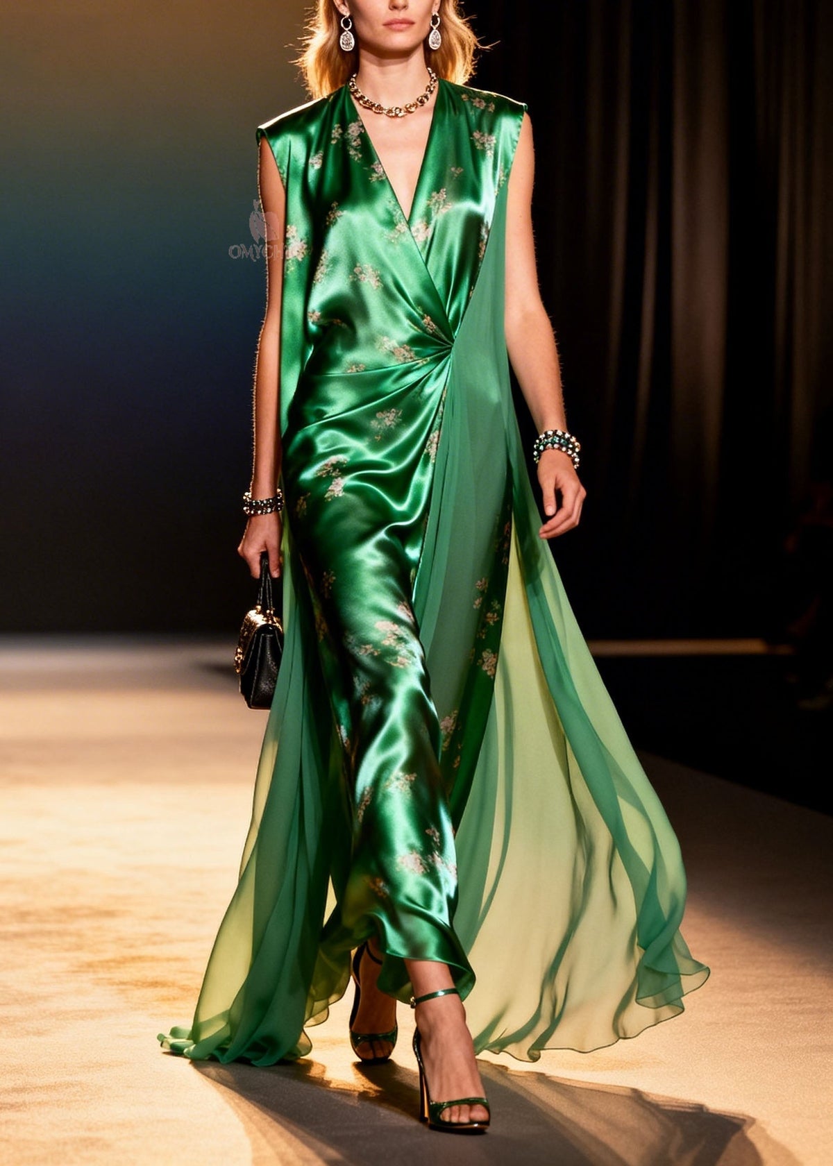 Floral Print Satin Chiffon Twist Waist Deep V-Neck Maxi Gown