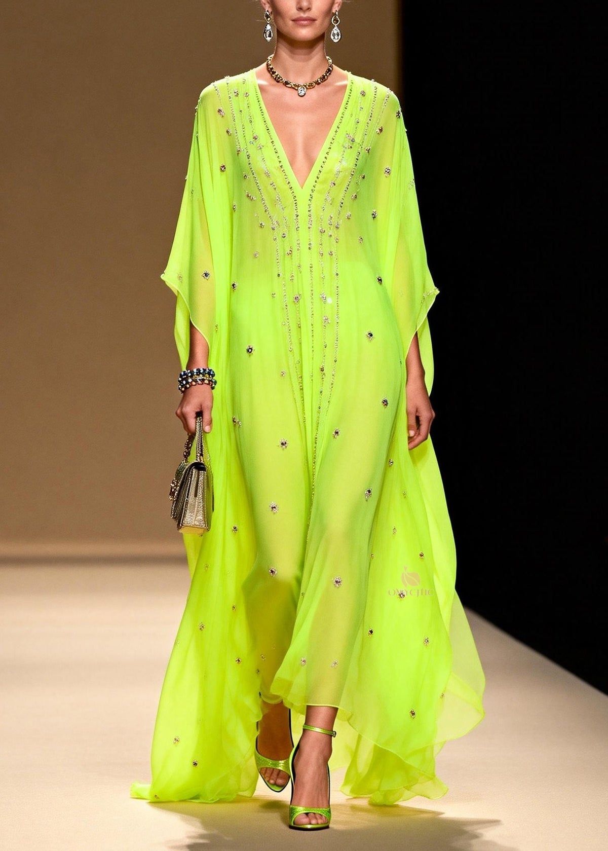 Rhinestone Scatter Deep V-Neck Batwing Sleeve Sheer Maxi Gown - View 5