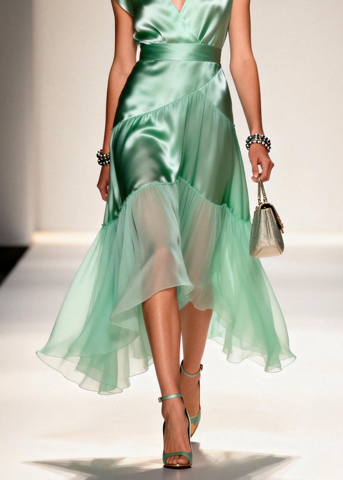 Satin Wrap V-Neck Cap Sleeve Sheer Tiered Ruffle Midi Dress - View 4