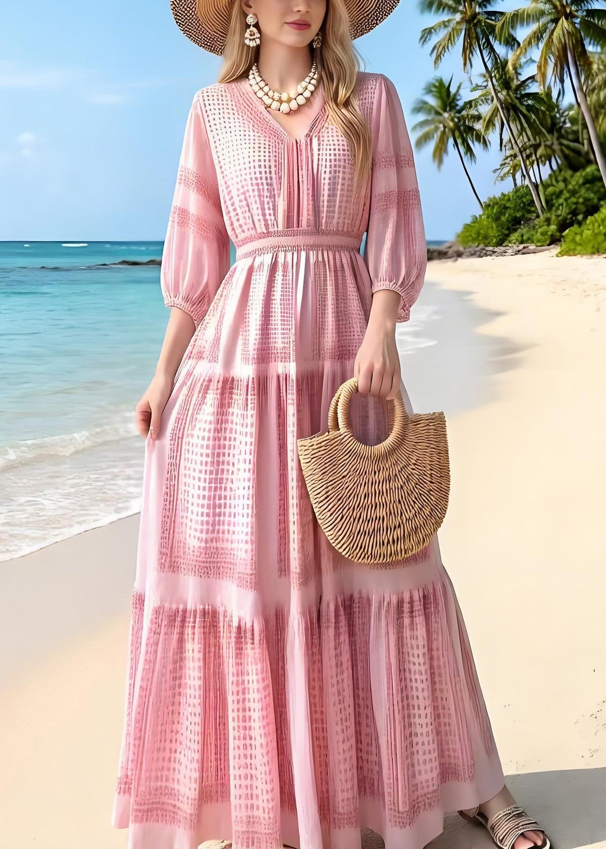V-Neck Smocked Waist Geometric Print Tiered Maxi Summer Dress - View 3