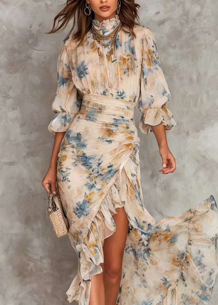 Print Hign Neck Asymmetrical Ruffled Patchwork Chiffon Dress - View 2