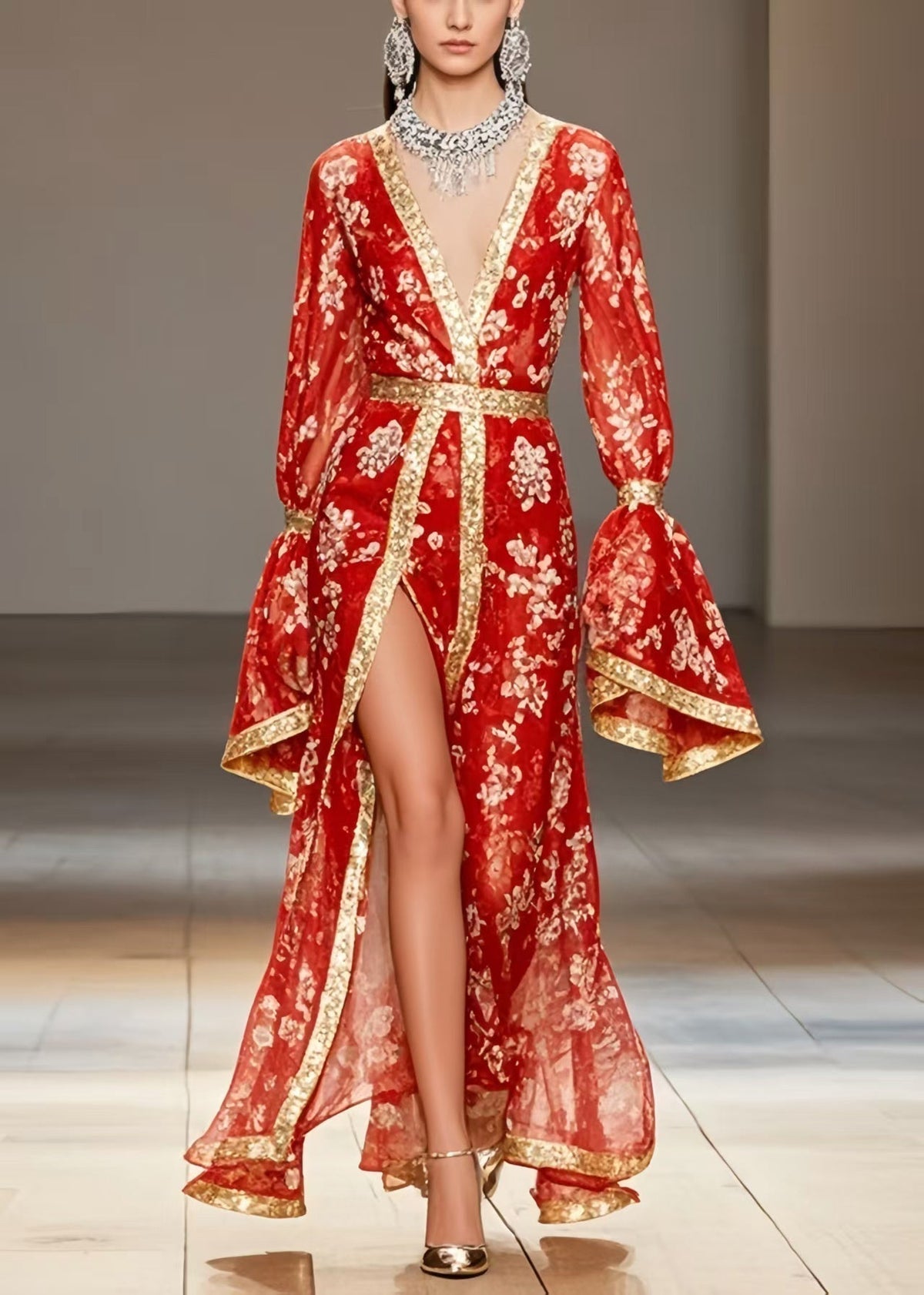Floral Print Chiffon Deep V-Neck Bell Sleeve Metallic Maxi Gown