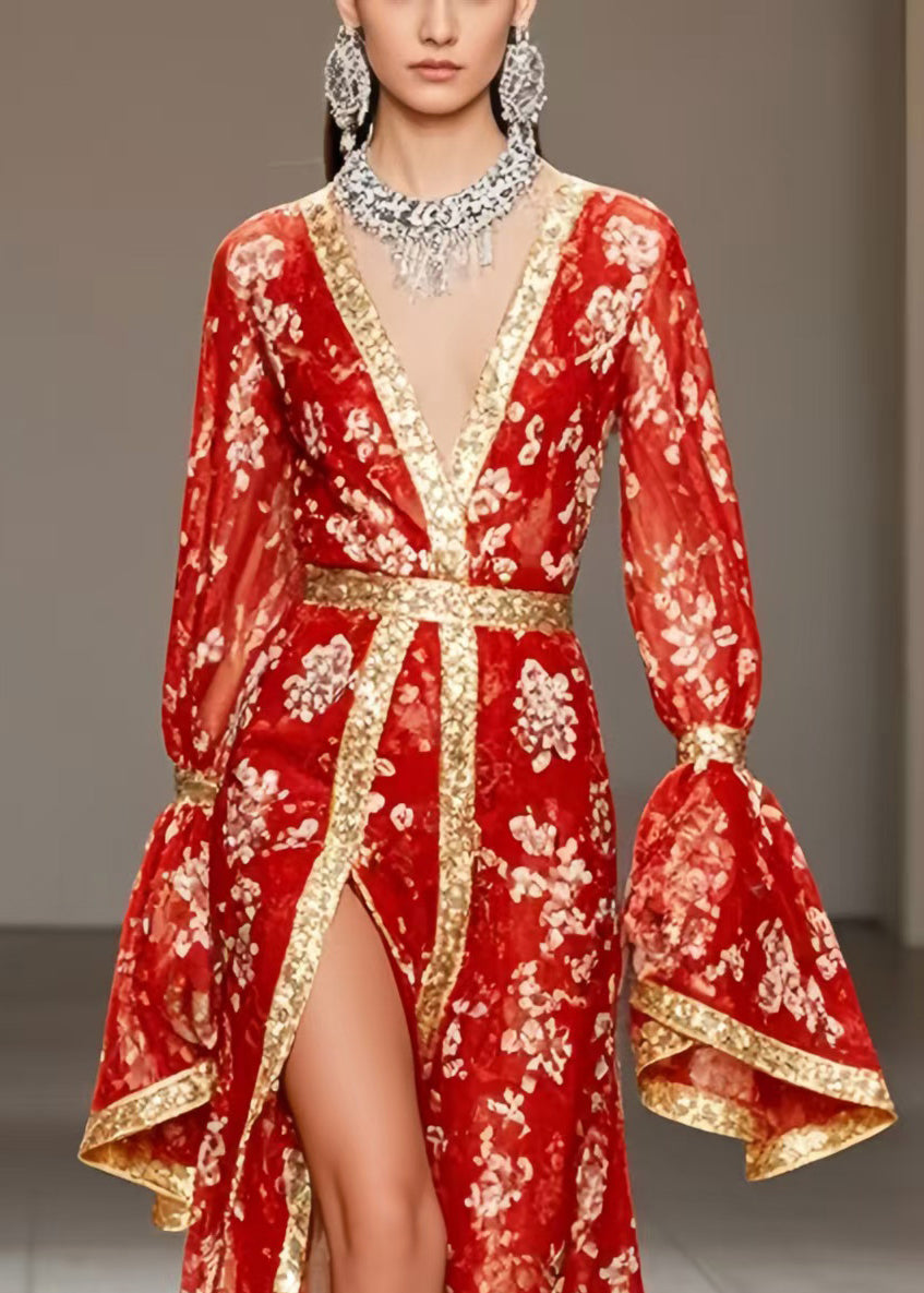 Floral Print Chiffon Deep V-Neck Bell Sleeve Metallic Maxi Gown - View 2