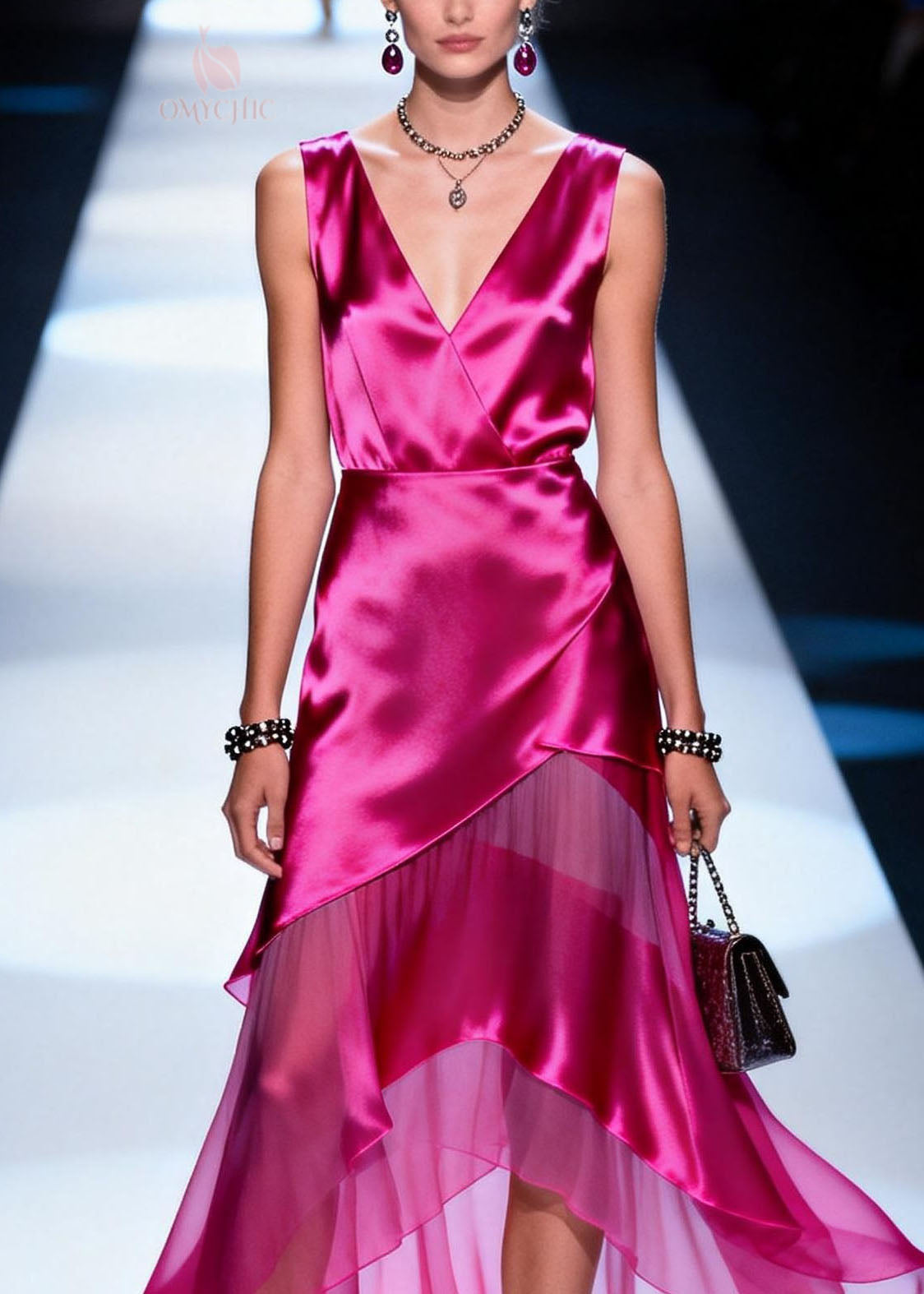 Satin Deep V-Neck Sleeveless Wrap Asymmetrical Tiered Midi Dress - View 2