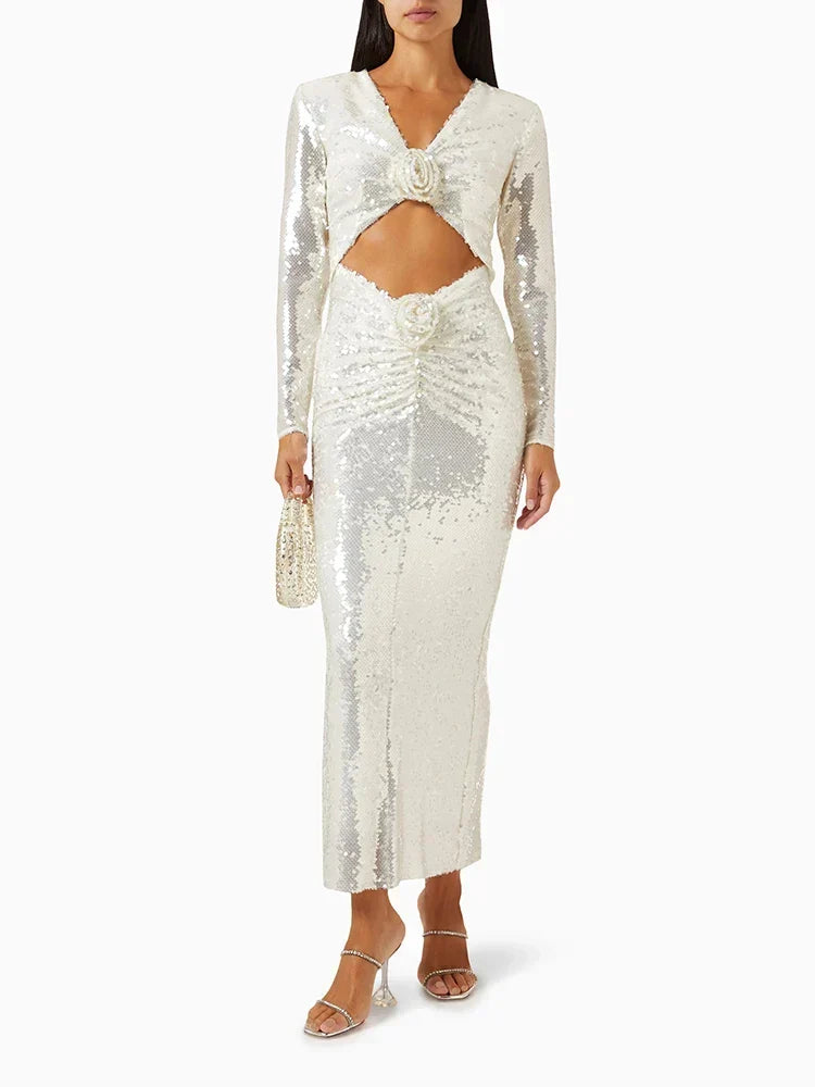 Deep V-Neck Long Sleeve Cut Out Rosette Sequin Maxi Dress 3