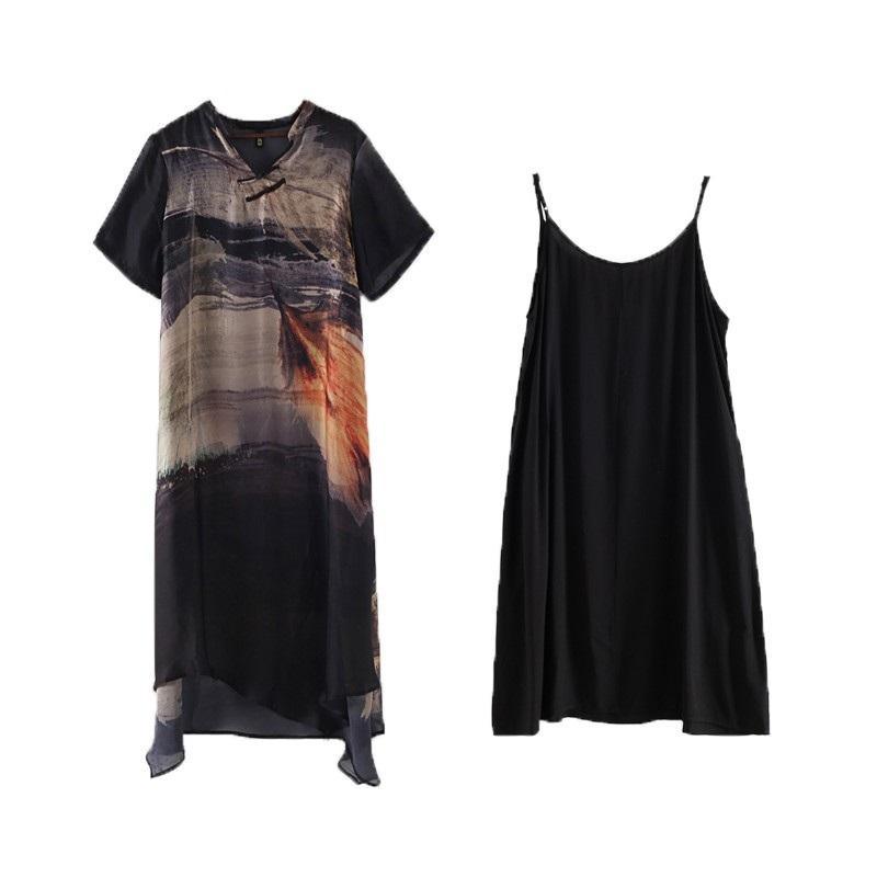 Abstract Print V-Neck Mandarin Collar Tie Neck Maxi Dress - View 4