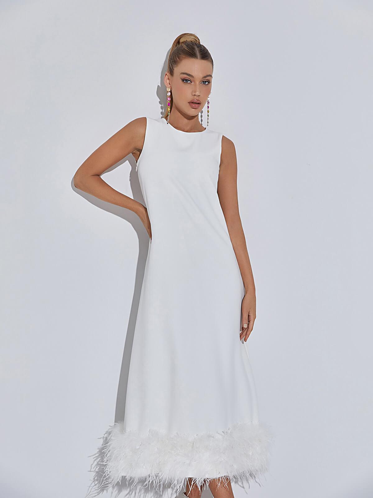 Nisha Feather Midi Dress In White - View 4