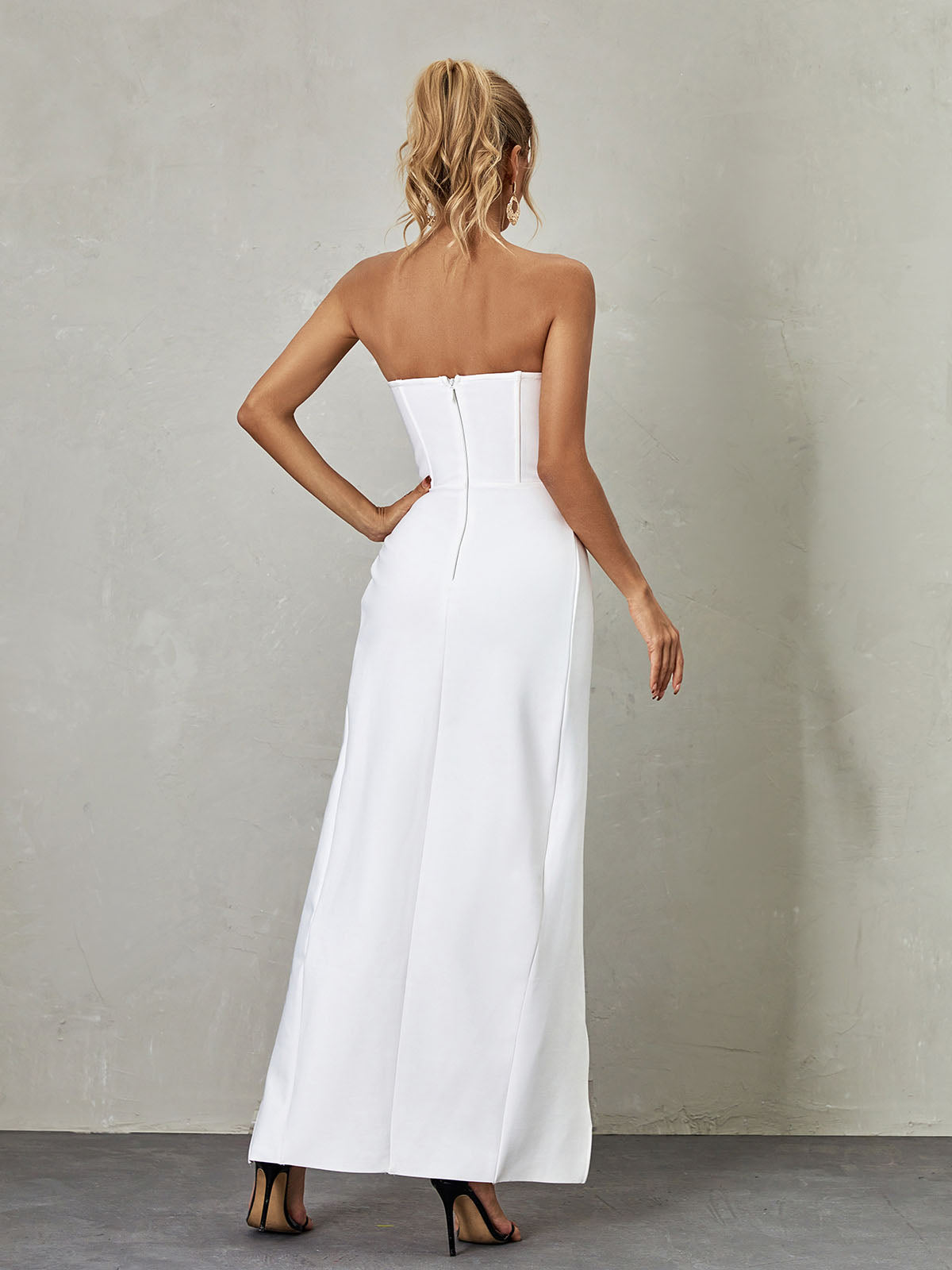 Strapless Sweetheart Floral Applique Corset Draped Maxi Gown - View 5