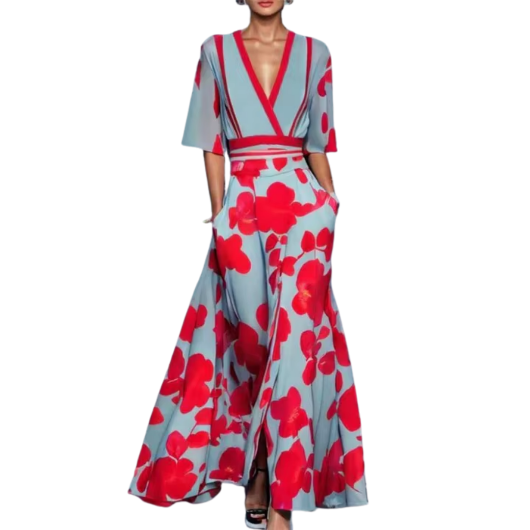 Floral Print Deep V-Neck Short Sleeve Flared Maxi Dress - View 3