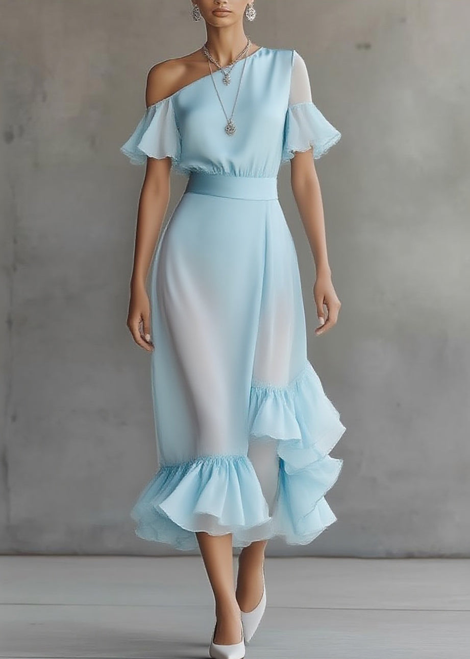 Novelty Blue Asymmetrical Patchwork Solid Chiffon Maxi Dress