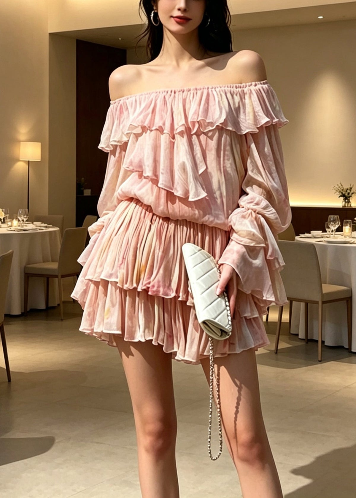 Novelty Pink Ruffled Patchwork Cold Shoulder Chiffon Mid Dress - View 3