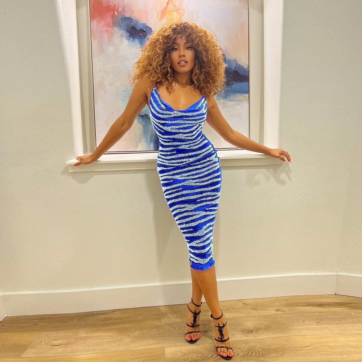 Sequin Velvet Cowl Neck Spaghetti Strap Striped Bodycon Midi Dress - View 5