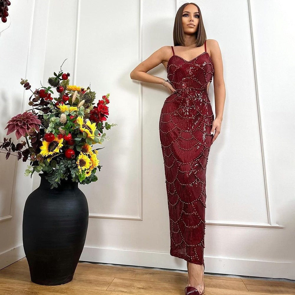 Sequin Beaded Strapless Slit Dress - View 4